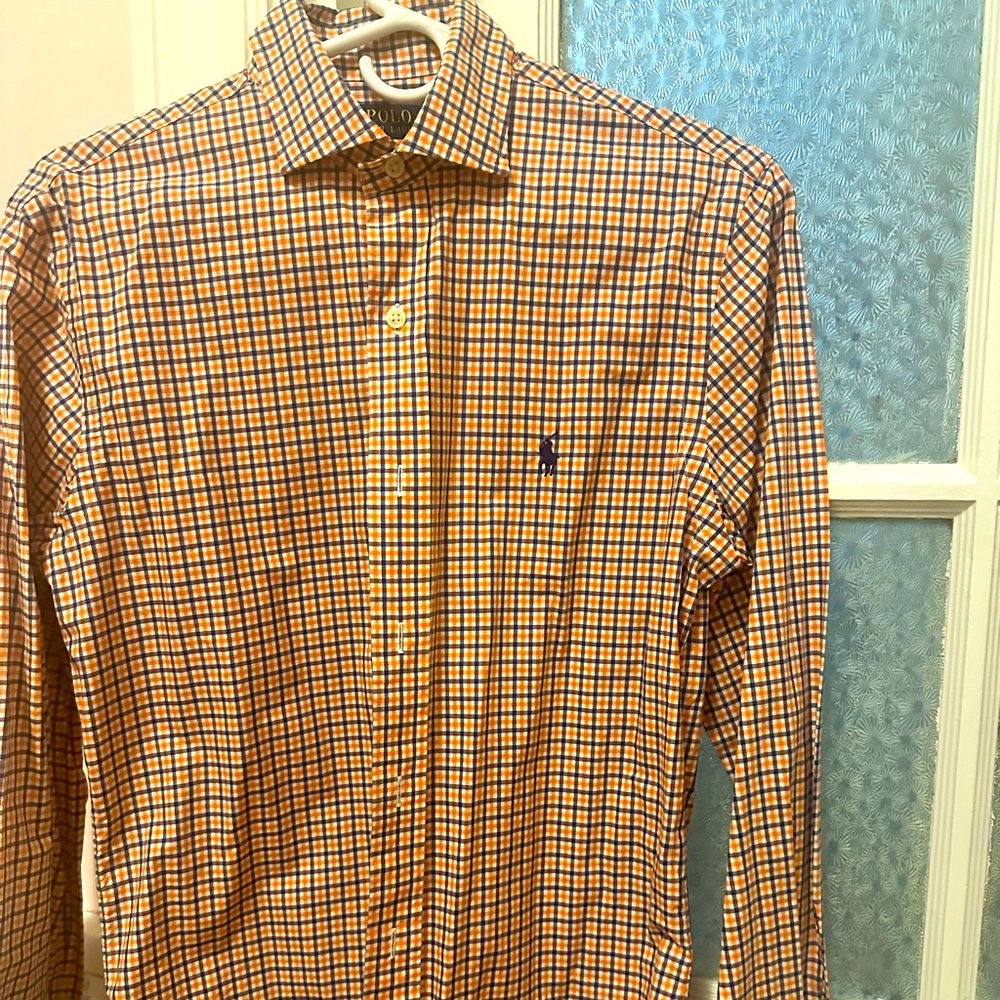 Polo by Ralph Lauren Men's Blue and Orange Checkered Shirt